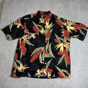 Puritan Button Up Shirt L Adult Black Floral Short Sleeve Hawaiian Camp Mens